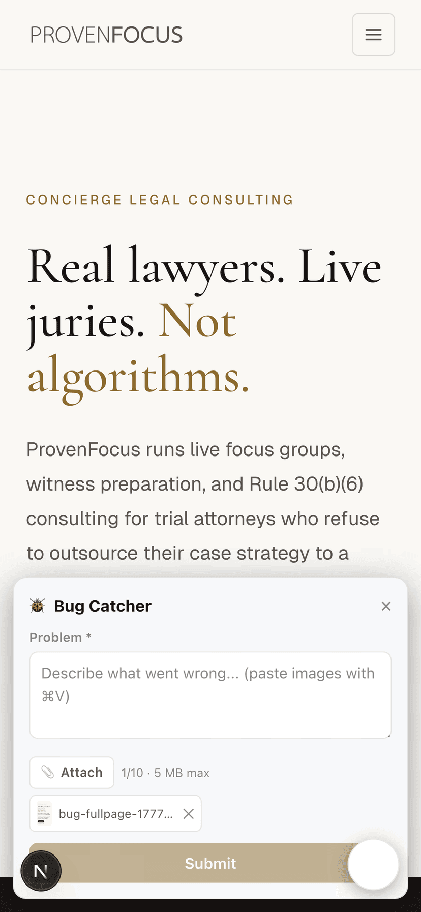 Bug Catcher modal as a bottom sheet on an iPhone, showing the description field and an attached screenshot